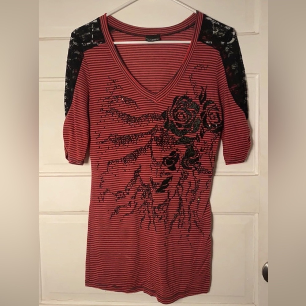 Maroon and black, striped elbow length shirt with lace shoulder and beaded Rose
